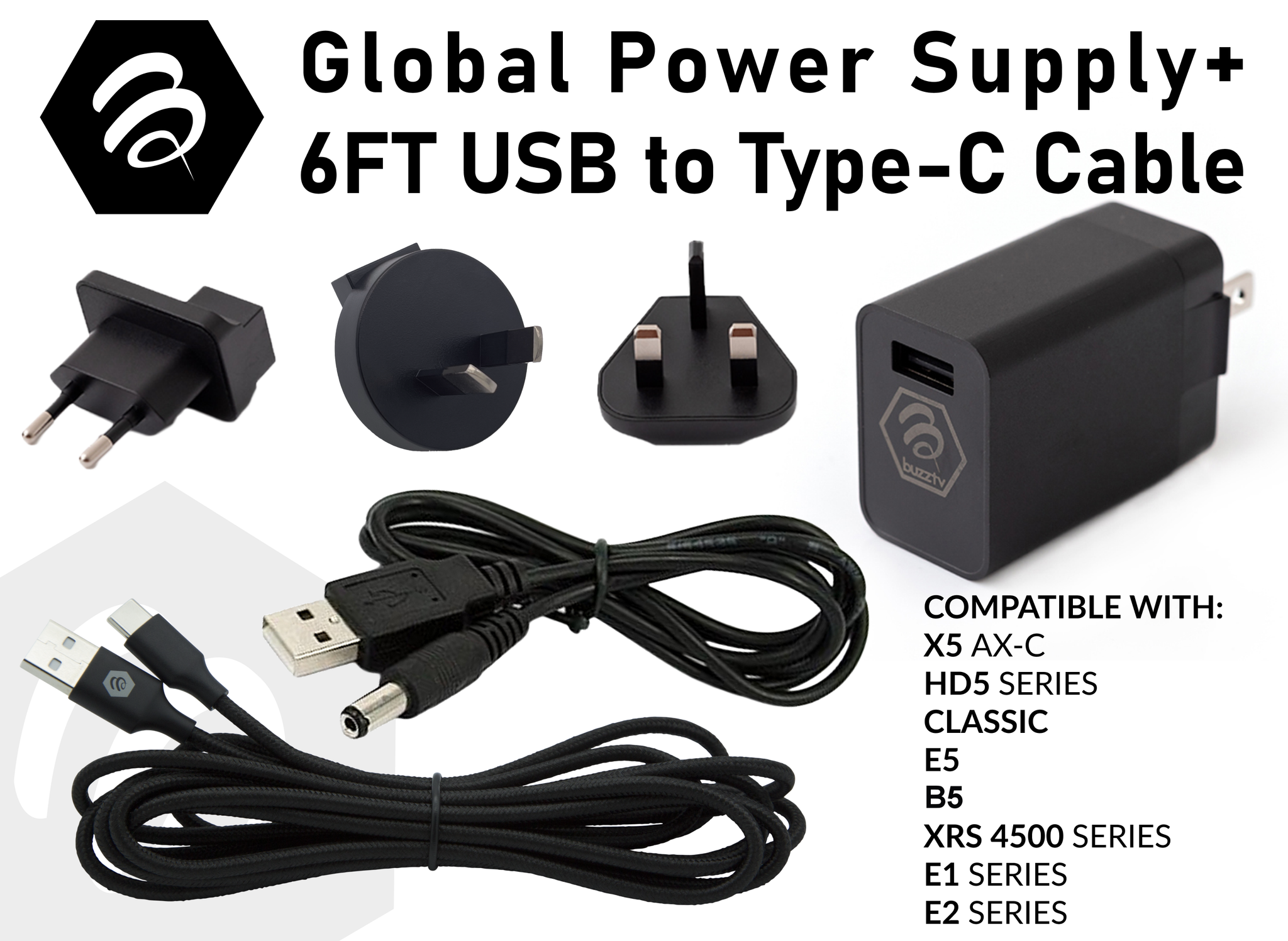 BuzzTV 5V Global Power Supply + 6FT Type "C" Cable